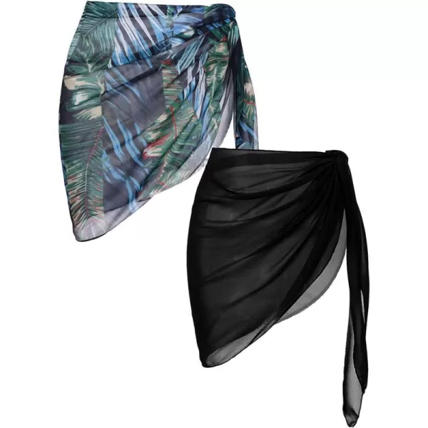 Ekouaer 2 Pieces Women Beach Sarongs Sheer Cover Ups Chiffon Bikini Wrap Skirt for Swimwear SXXLBlackdark Green Leaves