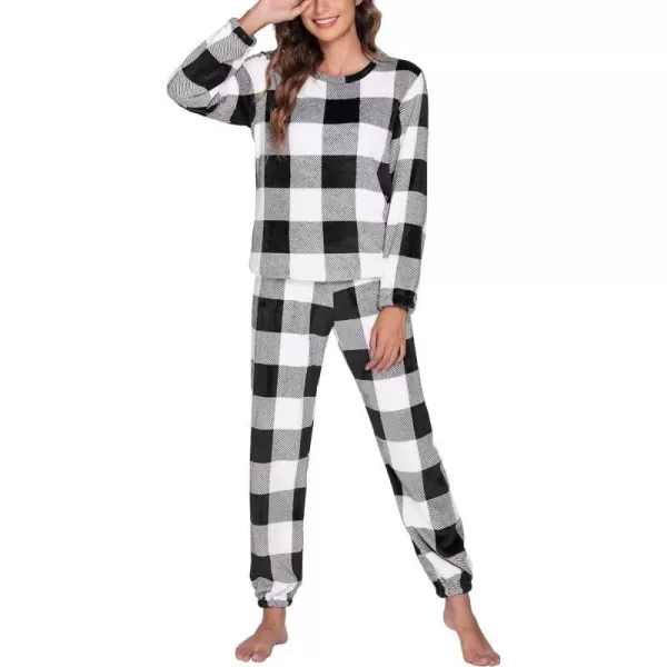 Ekouaer 2023 Women Fleece Pajama Sets Long Sleeve Tops and Pants PJ Sets Joggers Plush Loungewear Sleepwear S3XL1black Plaid