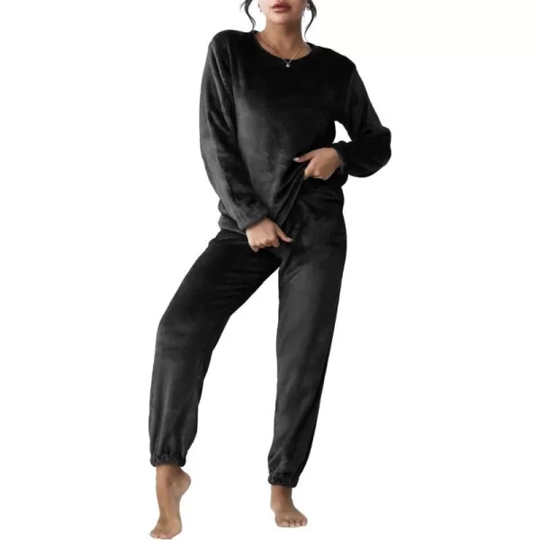 Ekouaer 2023 Women Fleece Pajama Sets Long Sleeve Tops and Pants PJ Sets Joggers Plush Loungewear Sleepwear S3XLBlack