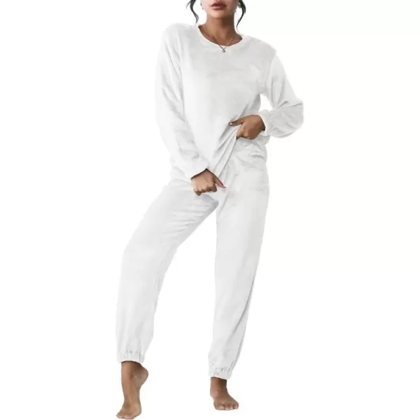 Ekouaer 2023 Women Fleece Pajama Sets Long Sleeve Tops and Pants PJ Sets Joggers Plush Loungewear Sleepwear S3XLWhite