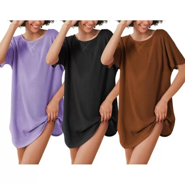 Ekouaer 3 Pack Womens Tshirt Nightgown Waffle Knit Short Sleeve Sleepshirts Casual Cover Ups SXXXLSet 1