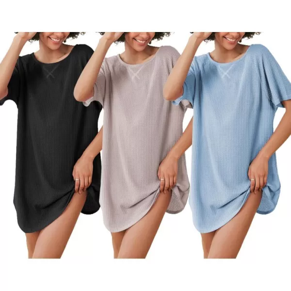 Ekouaer 3 Pack Womens Tshirt Nightgown Waffle Knit Short Sleeve Sleepshirts Casual Cover Ups SXXXLSet 2