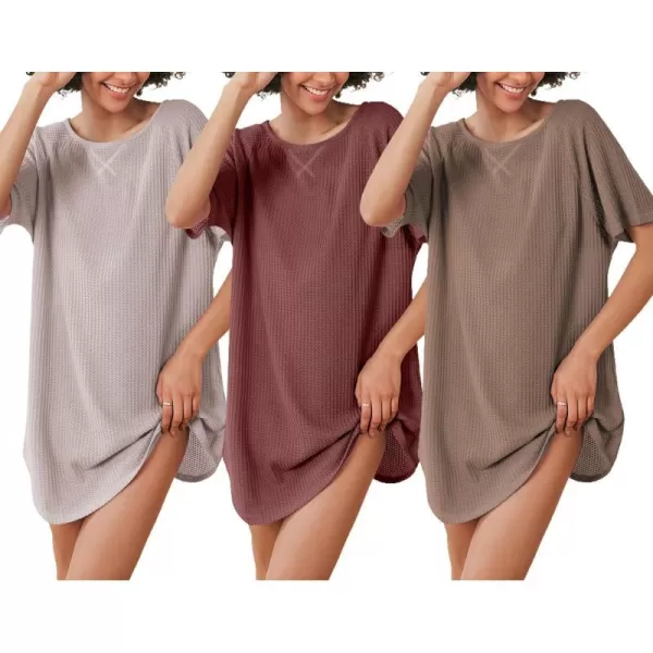 Ekouaer 3 Pack Womens Tshirt Nightgown Waffle Knit Short Sleeve Sleepshirts Casual Cover Ups SXXXLSet 3