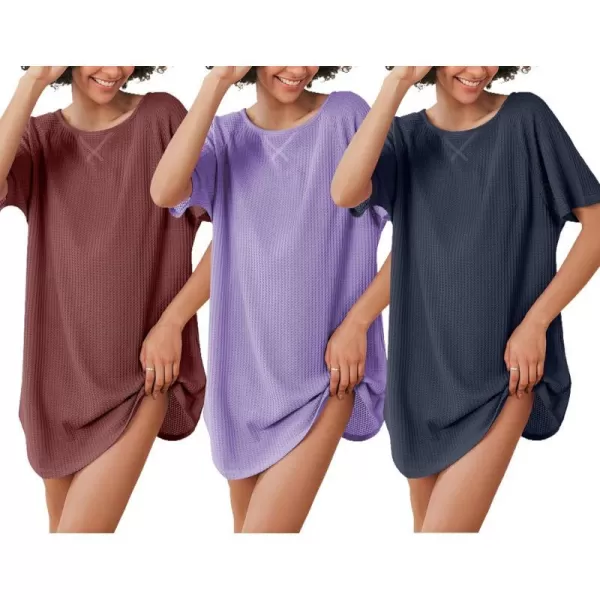 Ekouaer 3 Pack Womens Tshirt Nightgown Waffle Knit Short Sleeve Sleepshirts Casual Cover Ups SXXXLSet 4