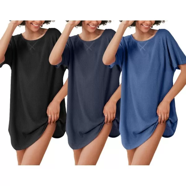 Ekouaer 3 Pack Womens Tshirt Nightgown Waffle Knit Short Sleeve Sleepshirts Casual Cover Ups SXXXLSet 5