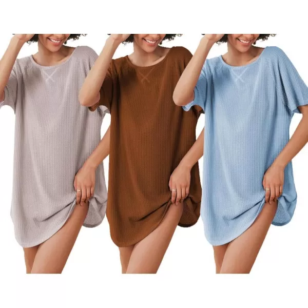 Ekouaer 3 Pack Womens Tshirt Nightgown Waffle Knit Short Sleeve Sleepshirts Casual Cover Ups SXXXLSet 6