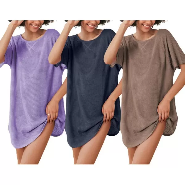 Ekouaer 3 Pack Womens Tshirt Nightgown Waffle Knit Short Sleeve Sleepshirts Casual Cover Ups SXXXLSet 7