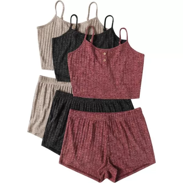 Ekouaer 3 Sets for Women Ribbed Pajamas Crop Cami Top and Shorts Pjs Casual Sleeveless Button Lounge Set Sleepwear SXLBlack Apricot Wine4