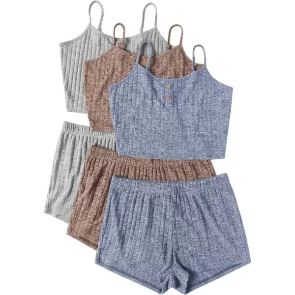 Ekouaer 3 Sets for Women Ribbed Pajamas Crop Cami Top and Shorts Pjs Casual Sleeveless Button Lounge Set Sleepwear SXLBlue Khaki Grey2