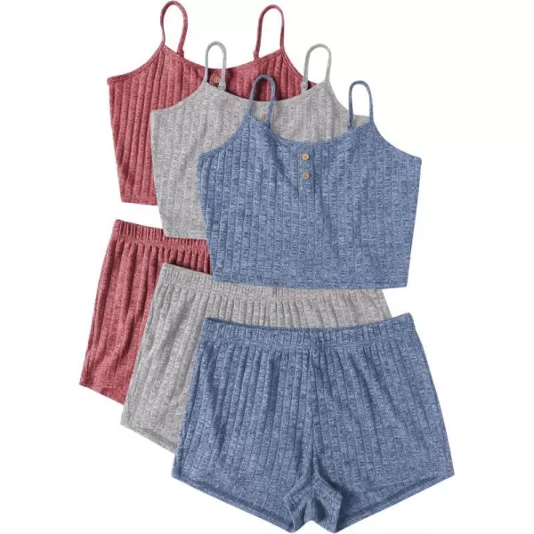 Ekouaer 3 Sets for Women Ribbed Pajamas Crop Cami Top and Shorts Pjs Casual Sleeveless Button Lounge Set Sleepwear SXLBlue Red Light Grey