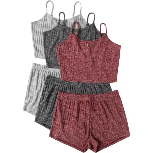 Ekouaer 3 Sets for Women Ribbed Pajamas Crop Cami Top and Shorts Pjs Casual Sleeveless Button Lounge Set Sleepwear SXLDark Grey Wine Grey1