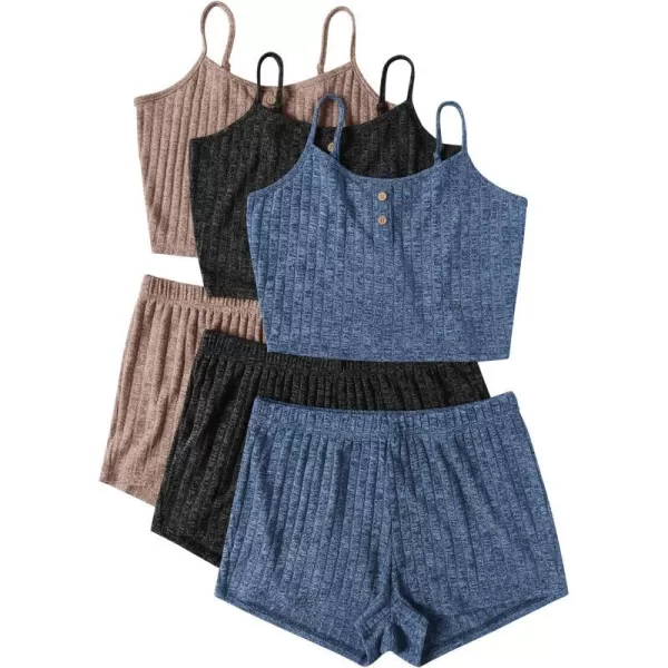 Ekouaer 3 Sets for Women Ribbed Pajamas Crop Cami Top and Shorts Pjs Casual Sleeveless Button Lounge Set Sleepwear SXLKhaki Black Blue3