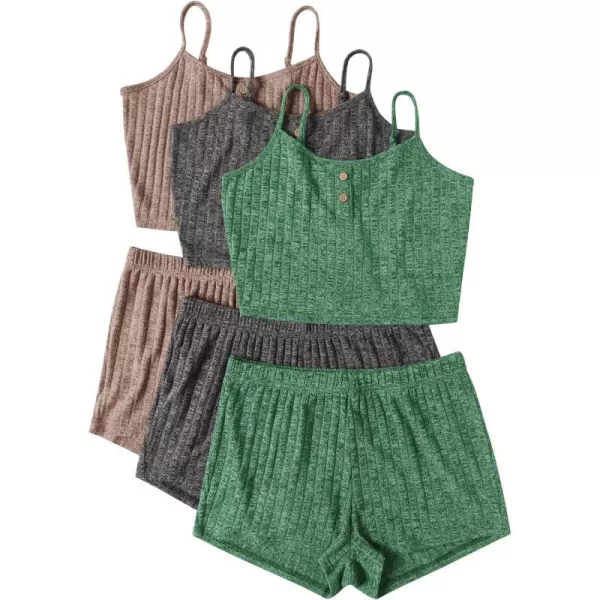 Ekouaer 3 Sets for Women Ribbed Pajamas Crop Cami Top and Shorts Pjs Casual Sleeveless Button Lounge Set Sleepwear SXLKhaki Dark Grey Green5