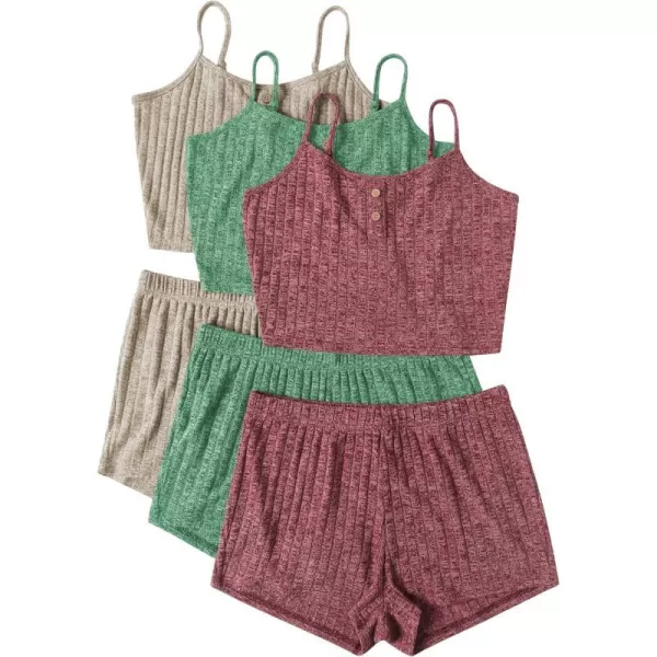 Ekouaer 3 Sets for Women Ribbed Pajamas Crop Cami Top and Shorts Pjs Casual Sleeveless Button Lounge Set Sleepwear SXLKhaki Green Wine8