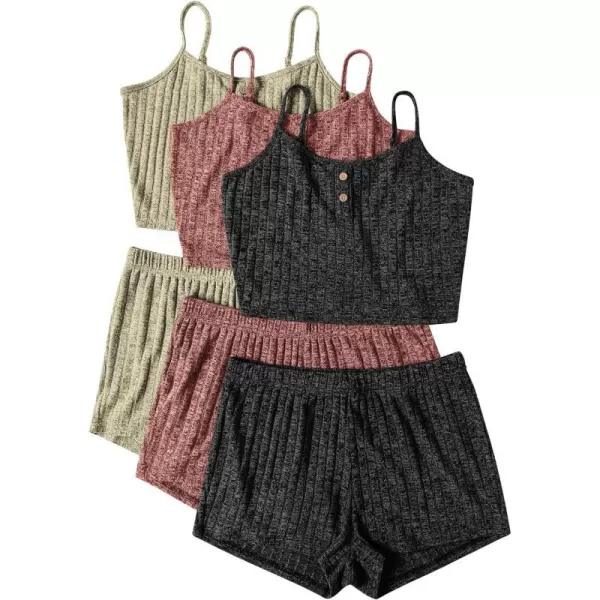 Ekouaer 3 Sets for Women Ribbed Pajamas Crop Cami Top and Shorts Pjs Casual Sleeveless Button Lounge Set Sleepwear SXLOrange Black Green7