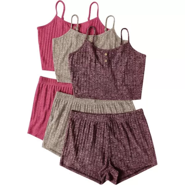 Ekouaer 3 Sets for Women Ribbed Pajamas Crop Cami Top and Shorts Pjs Casual Sleeveless Button Lounge Set Sleepwear SXLPurple Apricot Pink6