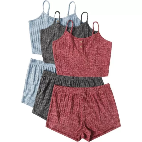 Ekouaer 3 Sets for Women Ribbed Pajamas Crop Cami Top and Shorts Pjs Casual Sleeveless Button Lounge Set Sleepwear SXLRed Deep Grey Light Blue