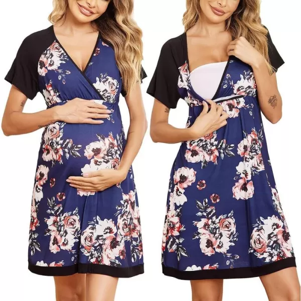 Ekouaer 3 in 1 DeliveryLaborNursing Nightgown Womens Maternity Hospital GownSleepwear for Breastfeeding Sleep DressFloral Navy Blue