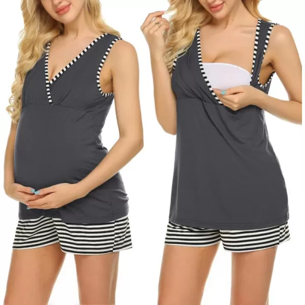 Ekouaer 3 in 1 Labor Delivery Nursing PJS Maternity Nursing Pajamas Shorts Set Stripe Pregnancy Breastfeeding SleepwearCharcoal Grey Stripe