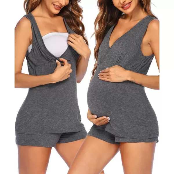 Ekouaer 3 in 1 Labor Delivery Nursing PJS Maternity Nursing Pajamas Shorts Set Stripe Pregnancy Breastfeeding SleepwearDark Grey