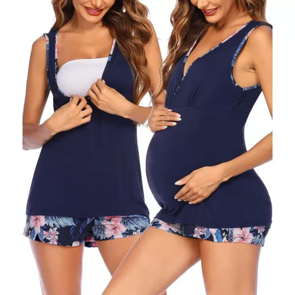 Ekouaer 3 in 1 Labor Delivery Nursing PJS Maternity Nursing Pajamas Shorts Set Stripe Pregnancy Breastfeeding SleepwearNavy Floral