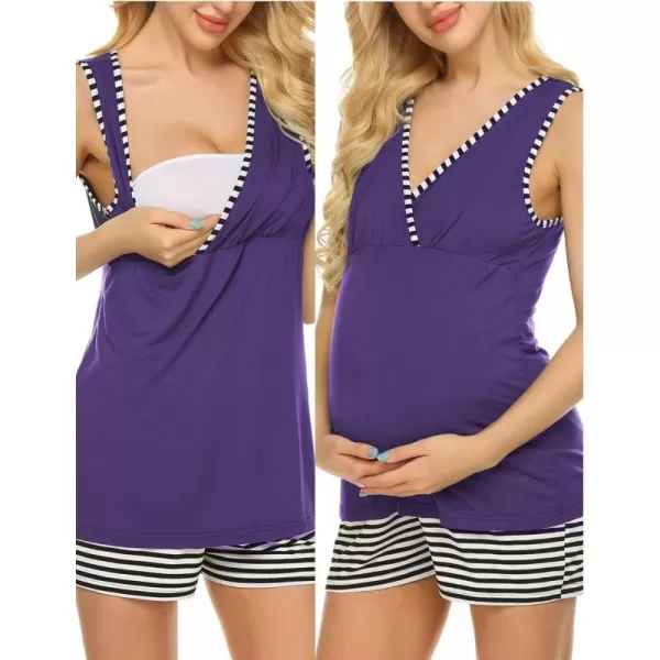 Ekouaer 3 in 1 Labor Delivery Nursing PJS Maternity Nursing Pajamas Shorts Set Stripe Pregnancy Breastfeeding SleepwearPurple Stripe