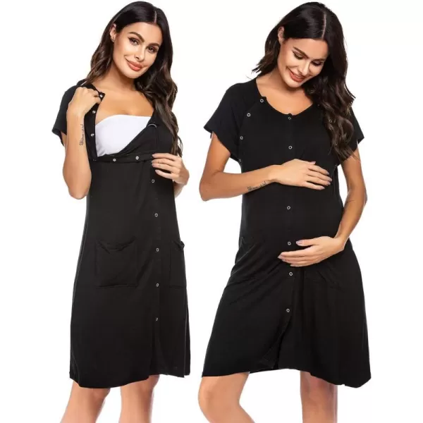 Ekouaer 3 in 1 LaborDeliveryHospital Gown Nursing Dress Maternity Nightgown Sleepwear for Breastfeeding with Button SXXLAblack