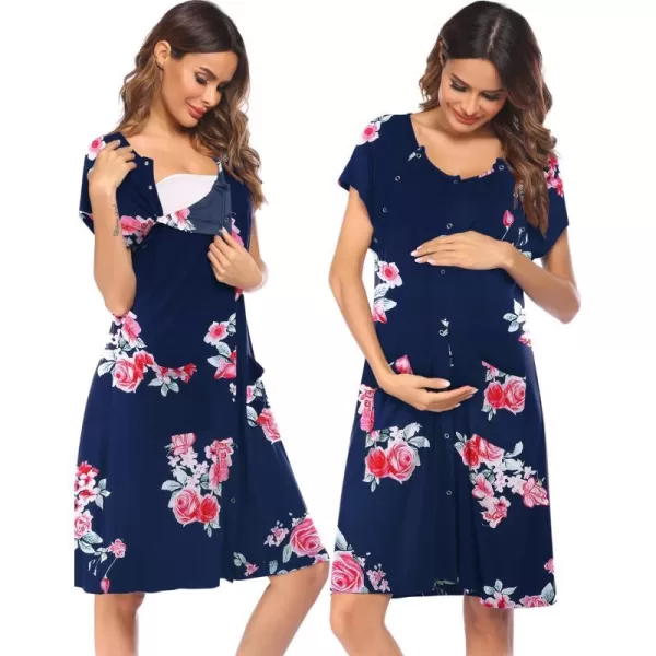 Ekouaer 3 in 1 LaborDeliveryHospital Gown Nursing Dress Maternity Nightgown Sleepwear for Breastfeeding with Button SXXLNavy Bluepink Flower