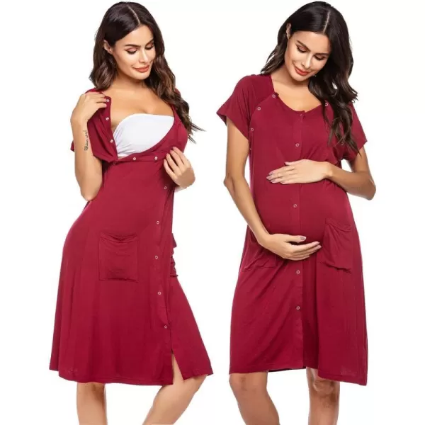 Ekouaer 3 in 1 LaborDeliveryHospital Gown Nursing Dress Maternity Nightgown Sleepwear for Breastfeeding with Button SXXLWine Red