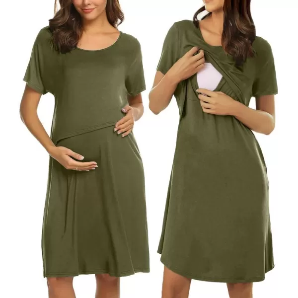 Ekouaer 3 in 1 Maternity Nightgown Short Sleeve Nursing Dress Breastfeeding Sleepwear for WomenArmy Green