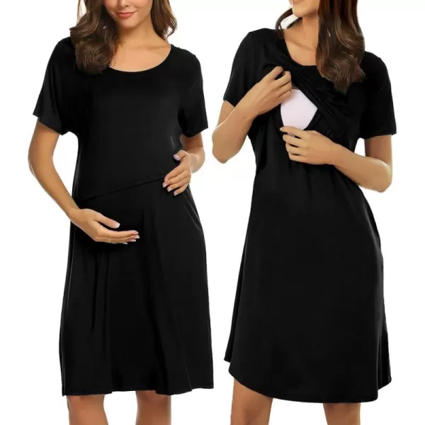 Ekouaer 3 in 1 Maternity Nightgown Short Sleeve Nursing Dress Breastfeeding Sleepwear for WomenBlack