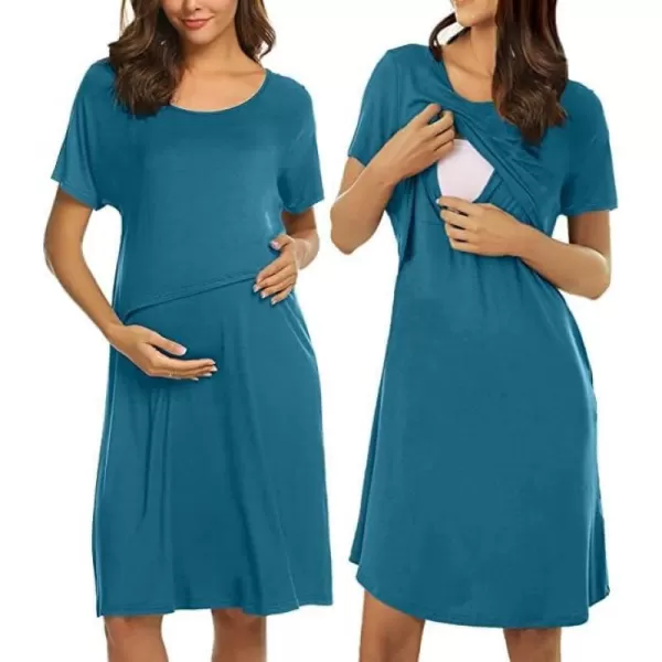 Ekouaer 3 in 1 Maternity Nightgown Short Sleeve Nursing Dress Breastfeeding Sleepwear for WomenBlue Green