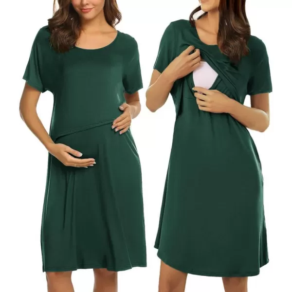 Ekouaer 3 in 1 Maternity Nightgown Short Sleeve Nursing Dress Breastfeeding Sleepwear for WomenDark Green