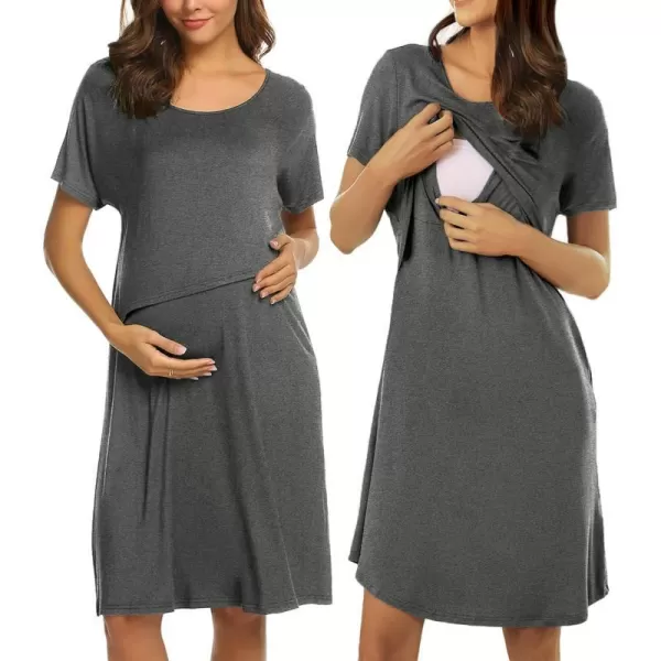 Ekouaer 3 in 1 Maternity Nightgown Short Sleeve Nursing Dress Breastfeeding Sleepwear for WomenMgrey Textile