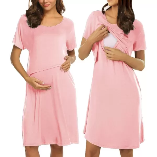 Ekouaer 3 in 1 Maternity Nightgown Short Sleeve Nursing Dress Breastfeeding Sleepwear for WomenPink