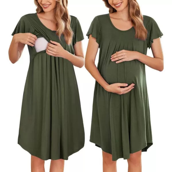 Ekouaer 3 in 1 Maternity Nursing Nightgown LaborDelivery Hospital Gown Flare Sleeve Pleated Breastfeeding DressArmy Green