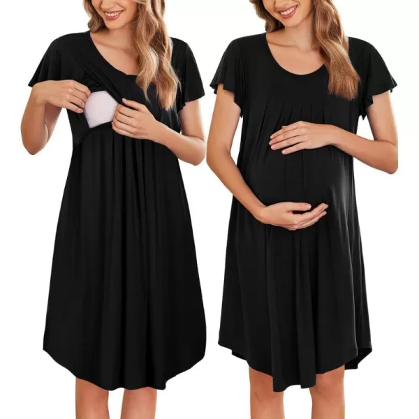 Ekouaer 3 in 1 Maternity Nursing Nightgown LaborDelivery Hospital Gown Flare Sleeve Pleated Breastfeeding DressBlack