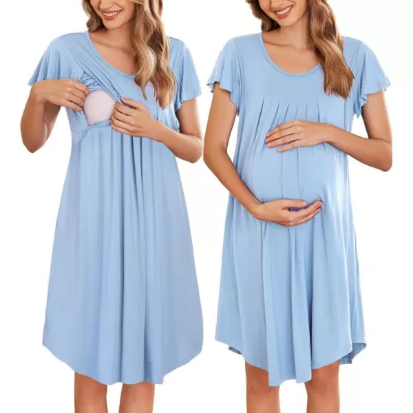 Ekouaer 3 in 1 Maternity Nursing Nightgown LaborDelivery Hospital Gown Flare Sleeve Pleated Breastfeeding DressBlue