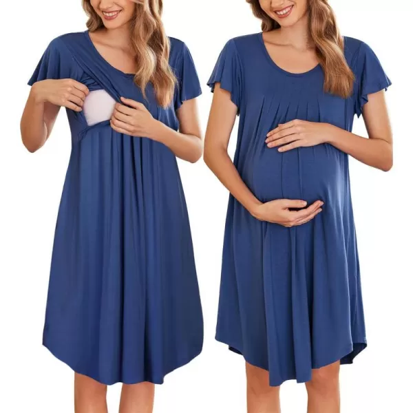 Ekouaer 3 in 1 Maternity Nursing Nightgown LaborDelivery Hospital Gown Flare Sleeve Pleated Breastfeeding DressNavy