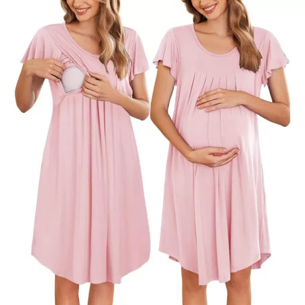 Ekouaer 3 in 1 Maternity Nursing Nightgown LaborDelivery Hospital Gown Flare Sleeve Pleated Breastfeeding DressPink