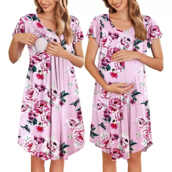 Ekouaer 3 in 1 Maternity Nursing Nightgown LaborDelivery Hospital Gown Flare Sleeve Pleated Breastfeeding DressPink Floral