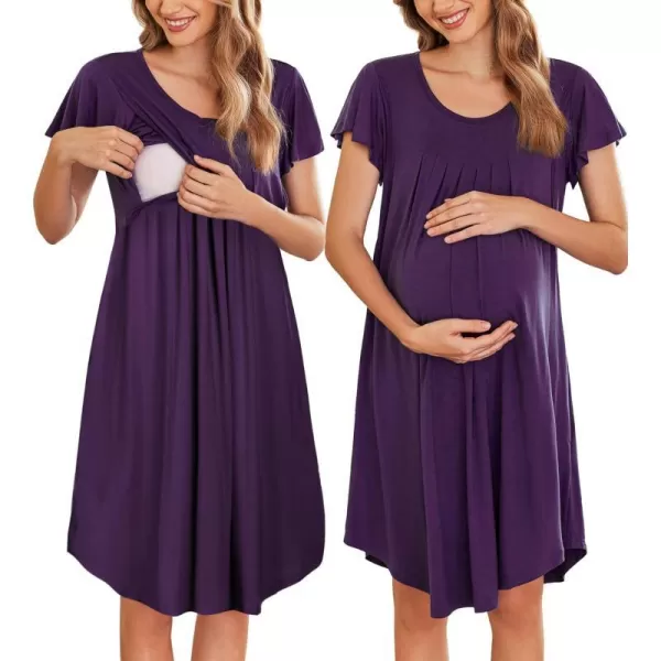 Ekouaer 3 in 1 Maternity Nursing Nightgown LaborDelivery Hospital Gown Flare Sleeve Pleated Breastfeeding DressPurple