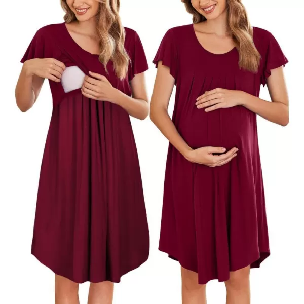 Ekouaer 3 in 1 Maternity Nursing Nightgown LaborDelivery Hospital Gown Flare Sleeve Pleated Breastfeeding DressWine Red