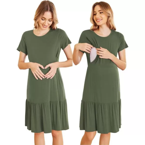 Ekouaer 3 in 1 Maternity Nursing Nightgown LaborDelivery Hospital Gown Flare Sleeve Pleated Breastfeeding DressZz Army Green