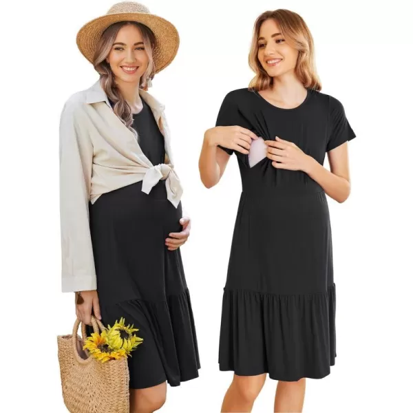 Ekouaer 3 in 1 Maternity Nursing Nightgown LaborDelivery Hospital Gown Flare Sleeve Pleated Breastfeeding DressZz Classic Black