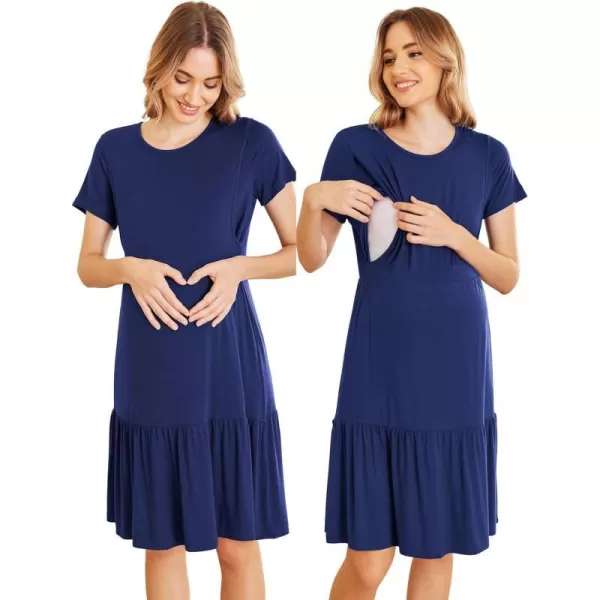 Ekouaer 3 in 1 Maternity Nursing Nightgown LaborDelivery Hospital Gown Flare Sleeve Pleated Breastfeeding DressZz Navy Blue