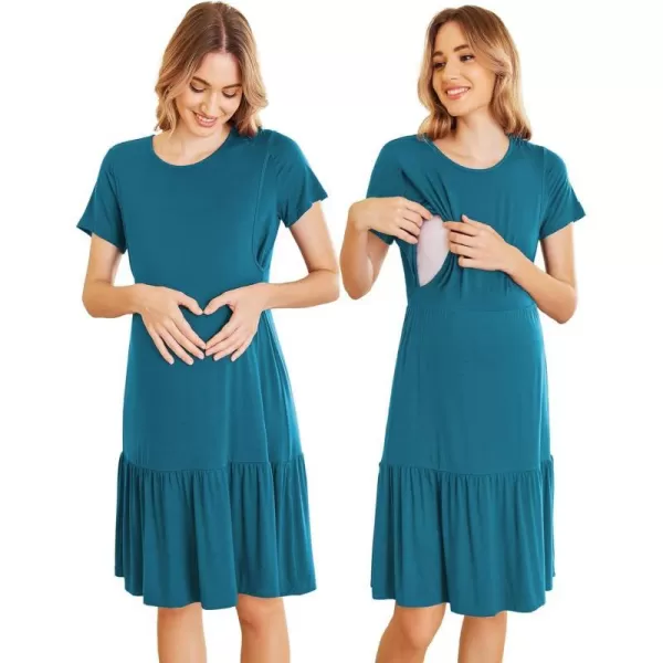 Ekouaer 3 in 1 Maternity Nursing Nightgown LaborDelivery Hospital Gown Flare Sleeve Pleated Breastfeeding DressZz Peacock Blue