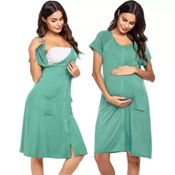 Ekouaer 3 in 1 Nursing Dress Maternity Nightgown LaborDelivery Breastfeeding Birthing Gown with ButtonBaqua Green