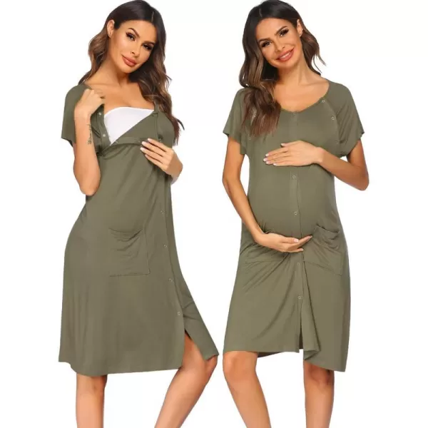 Ekouaer 3 in 1 Nursing Dress Maternity Nightgown LaborDelivery Breastfeeding Birthing Gown with ButtonGreen