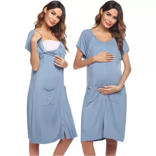 Ekouaer 3 in 1 Nursing Dress Maternity Nightgown LaborDelivery Breastfeeding Birthing Gown with ButtonSky Blue